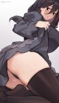  1girl artist_name black_dress black_hair black_panties black_thighhighs breasts clothes_lift dopirin dress dress_lift hex_maniac_(pokemon) hex_maniac_(pokemon_legends:_z-a) highres large_breasts long_sleeves looking_to_the_side panties pokemon pokemon_legends:_z-a puffy_long_sleeves puffy_sleeves solo thighhighs thighs underwear white_background 