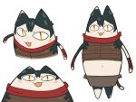  &lt;|&gt;_&lt;|&gt; 1girl :3 anger_vein animal_ears azumanga_daioh black_hair brown_skirt cat_ears cat_girl cat_tail commentary_request dungeon_meshi full_body izutsumi kokuya_(kokuya28) looking_at_viewer mihama_chiyo&#039;s_father multiple_views open_mouth red_scarf scarf simple_background skirt smile tail white_background x_navel yellow_eyes 