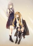  2girls absurdres boots brown_hair character_name commentary_request dress english_text girls&#039;_frontline grey_hair highres kokuya_(kokuya28) long_hair multiple_girls official_alternate_costume red_eyes scar scar_across_eye scar_on_face sleeveless sleeveless_dress smile socks striped_clothes striped_thighhighs textless_version thighhighs twintails ump45_(diamond_flower)_(girls&#039;_frontline) ump45_(girls&#039;_frontline) ump9_(girls&#039;_frontline) ump9_(the_world&#039;s_melody)_(girls&#039;_frontline) yellow_eyes 