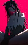  1girl absurdres black_hair collarbone evil_smile eyelashes glowing glowing_eyes head_tilt highres indian_style long_hair looking_at_viewer messy_hair parted_lips red_eyes sentai_daishikkaku sentouin_xx shirt signature simple_background sitting smile solo strapless strapless_shirt tettora 
