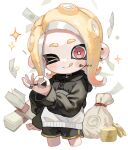  +_+ 1girl :q banknote black_jacket black_shorts blonde_hair coin commentary commentary_request cowboy_shot dot_nose ear_piercing glint hand_on_own_hip highres jacket jewelry medium_hair money money_bag multicolored_jacket multiple_rings myon_rio octoling octoling_girl octoling_player_character ok_sign one_eye_closed piercing ring short_shorts shorts solo sparkle splatoon_(series) symbol-only_commentary tentacle_hair thick_eyebrows tongue tongue_out two-tone_jacket white_background white_jacket yellow_trim 
