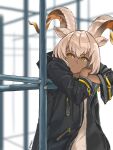  1girl arknights beeswax_(arknights) black_coat brown_horns closed_mouth coat crossed_arms curled_horns dark-skinned_female dark_skin grey_hair grey_horns horns jungle_gym long_sleeves looking_to_the_side mimjuu multicolored_horns sideways_glance smile solo split_mouth white_background yellow_eyes yellow_horns 