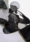  1boy asymmetrical_clothes black_pants blue_eyes closed_mouth colored_skin commentary_request dark-skinned_male dark_skin facial_mark fate/grand_order fate_(series) feet_out_of_frame gloves grey_skin hand_on_own_face head_rest highres indra_(fate) lightning_bolt_facial_mark long_sleeves looking_to_the_side male_focus pants popped_collar sideways_glance simple_background sitting smirk solo white_background white_hair wo_do 