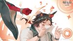  >_< 2boys animal_ears arknights bead_bracelet beads bracelet chinese_commentary closed_mouth commentary_request copyright_logo copyright_name copyright_notice crossed_bandaids dog_boy dog_ears head_bump highres hitting holding holding_paper jewelry lao_jiang_(arknights) male_focus mimulishizi multicolored_hair multiple_boys official_art paper ponytail shirt tearing_up white_shirt yu_(arknights) 
