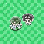  2boys black_hair collared_shirt dongrang_(project_moon) eyewear_on_head floating glasses green_background green_eyes green_hair green_necktie green_theme highres holding holding_swim_ring lifebuoy limbus_company looking_at_another motion_lines multiple_boys necktie partially_submerged primrose_field_illusion project_moon red_hong00 samjo_(project_moon) shirt short_hair sweatdrop swept_bangs swim_ring swimming white_shirt 