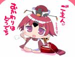  1girl apron benienma_(fate/grand_order) bird_hat blush_stickers chibi comic commentary_request fate/grand_order fate_(series) hat kneeling long_sleeves looking_at_viewer open_mouth ponytail purple_eyes red_hair rice_spoon sako_(bosscoffee) short_hair smile solo translation_request white_background wide_sleeves 