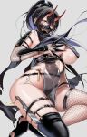  1girl absurdres areola_slip armor black_hair black_scarf black_thighhighs breasts closed_mouth covered_navel elbow_gloves fishnet_gloves fishnet_thighhighs fishnets gauntlets gloves grey_background hair_between_eyes high_ponytail highres holding holding_kunai holding_weapon horns kunai large_breasts looking_at_viewer mask mouth_mask ninja no_bra obi oni_mask original oxygen_mask_(oxygenmask233) pelvic_curtain ponytail sash scarf see-through_clothes see-through_pelvic_curtain shoulder_armor simple_background skin-covered_horns solo thighhighs thighs underboob weapon yellow_eyes 