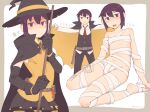  1girl bandages belt black_cape black_hat black_pants black_skirt black_vest blush broom brown_belt cape closed_mouth commentary_request elbow_gloves flat_chest full_body gloves halloween hat highres holding holding_broom kino_(kino_no_tabi) kino_no_tabi kokuya_(kokuya28) looking_at_viewer multiple_views mummy_costume navel necktie open_mouth pants pleated_skirt potion purple_eyes purple_hair red_necktie shirt short_hair skirt sleeveless sleeveless_shirt vampire_costume vest vial witch witch_hat yellow_cape yellow_shirt 