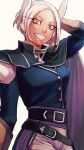  1girl animal_ears belt black_belt black_shirt boku_no_hero_academia dark-skinned_female dark_skin grin highres long_sleeves looking_at_viewer mimozaotayo mirko multiple_belts rabbit_ears rabbit_girl red_eyes shirt short_hair simple_background smile solo white_background white_hair 