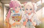  &gt;:) 2girls :o anyoji_hime black_ribbon blonde_hair blue_eyes blue_hair box closed_mouth collarbone curtained_hair dress flower game_cg gradient_hair hair_flower hair_intakes hair_ornament hair_ribbon hallway highres holding holding_box holding_paper hood hood_down hooded_jacket indoors jacket link!_like!_love_live! long_hair love_live! mira-cra_park! multi-tied_hair multicolored_hair multiple_girls neckerchief non-web_source official_art open_clothes open_jacket osawa_rurino paper parted_bangs parted_lips pink_flower pink_hair ponytail puffy_short_sleeves puffy_sleeves red_neckerchief ribbon sailor_collar sailor_dress school short_sleeves sidelocks smile split_mouth standing sticker suggestion_box summer_uniform three-quarter_sleeves twintails two-tone_hair v-shaped_eyebrows very_long_hair virtual_youtuber white_dress white_jacket white_sailor_collar 