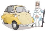  blue_eyes bmw_isetta boots breasts car cleavage closed_mouth commentary_request cosplay dress eyebrows_visible_through_hair frown girls_und_panzer ground_vehicle gun holding holding_weapon itsumi_erika izetta izetta_(cosplay) long_dress long_hair long_sleeves looking_at_viewer machine_gun medium_breasts mg34 motor_vehicle namesake shadow shuumatsu_no_izetta silver_hair simple_background solo standing uona_telepin weapon white_background white_dress white_footwear 