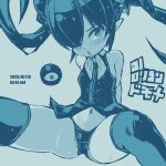  1girl ;o arms_behind_back backbeako_(torotei) backbeard bare_shoulders blue_background blue_theme blush breasts commentary dated dated_commentary gegege_no_kitarou hair_over_one_eye hair_ribbon kono_lolicon_domome long_hair looking_at_viewer monochrome navel neckerchief no_pants one_eye_closed open_mouth original paid_reward_available panties petite pointy_ears ribbon shirt simple_background sitting sleeveless sleeveless_shirt small_breasts solo spread_legs sweat thighhighs torotei translated twintails underwear very_long_hair web_address 