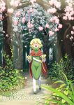  1boy :o absurdres artist_name birthday blonde_hair boots cape cherry_blossoms coat commentary dated forest grass green_boots green_coat happy_birthday highres looking_up male_focus mittens motimoti_mgmg nature o_o open_mouth otomo_(puyopuyo) outdoors path plant puyopuyo puyopuyo_fever_2 red_cape sheath sheathed solo standing sunlight sword thigh_boots tree turtleneck turtleneck_coat twitter_username walking weapon yellow_mittens 