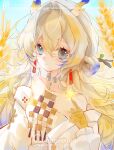  1girl absurdres aqua_eyes arknights bare_shoulders blonde_hair chinese_commentary closed_mouth colored_extremities commentary_request commission earrings grey_hair hair_between_eyes hair_intakes hand_up highres index_finger_raised jewelry light_smile long_sleeves looking_at_viewer multicolored_hair off_shoulder purple_hair shu_(arknights) solo too_many_watermarks upper_body watermark xiaqianqian485 