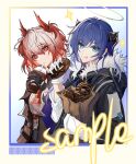  2girls :q aqua_eyes arknights bag black_gloves black_horns blue_hair bolo_tie border bright_pupils closed_mouth cup disposable_cup donut drink drinking_straw fiammetta_(arknights) food fur_trim gloves grey_halo halo haokun38464 highres holding holding_donut holding_drink holding_food horns long_hair looking_at_viewer mostima_(arknights) multiple_girls paper_bag red_eyes red_hair sample_watermark short_hair smile sparkle tongue tongue_out traditional_halo upper_body watermark white_gloves white_pupils yellow_border 