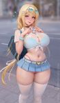  1girl :q artist_name bag bangle belt black_choker blonde_hair blue_eyes blue_nails blue_scrunchie blue_skirt blurry blurry_background blush bow bra_visible_through_clothes bracelet breasts button_gap character_request choker closed_mouth collared_shirt commentary copyright_request earrings english_commentary eyewear_on_head feet_out_of_frame four-finger_heart_hands hair_bow hair_intakes hair_ornament hairband heart heart-shaped_eyewear heart_belt_buckle heart_hands highleg highleg_panties highres hoop_earrings jewelry large_breasts long_hair looking_at_viewer meekohopanes micro_panties microskirt multiple_hair_bows multiple_rings nail_polish navel navel_piercing outdoors panties patreon_username piercing pink_panties pleated_skirt ring school_bag scrunchie see-through_clothes see-through_shirt shirt short_sleeves sidewalk skindentation skirt solo standing sunglasses thighhighs tied_shirt tongue tongue_out underwear very_long_fingernails very_long_hair web_address white_belt white_hairband white_shirt white_thighhighs wrist_scrunchie x_hair_ornament 
