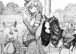 3girls animal_ears bent_over black_hair chronozbergh crossover curtained_hair elden_ring english_commentary greyscale hair_between_eyes hair_over_one_eye highres horse_ears horse_girl horse_tail leonard_(elden_ring) long_hair medium_hair monochrome multiple_girls night&#039;s_cavalry outdoors personification short_hair standing tail torrent_(elden_ring) tracen_training_uniform trait_connection umamusume 