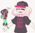 &gt;_&lt; 2girls alternate_costume baseball_cap black_gloves black_hair black_hat black_shirt bracelet closed_eyes clothes_writing commentary dark-skinned_female dark_skin english_commentary english_text fang fingerless_gloves gloves gradient_hair green_hair green_pantyhose hat heart highres inkling jewelry marina_(off_the_hook_outfit)_(splatoon) marina_(splatoon) medium_hair midriff mole mole_under_mouth multicolored_hair multiple_girls navel_piercing octoling one_eye_closed open_mouth pantyhose pearl_(splatoon) piercing pink_hair shirt short_sleeves simple_background smile splatoon_(series) splatoon_2 standing t-shirt tentacle_hair toonyliv white_background white_hair yellow_eyes yuri 