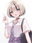  1girl bag black_bag black_choker black_hair blonde_hair blush breasts choker collarbone collared_shirt colored_inner_hair commentary ear_piercing earphones fang fingernails green_eyes hair_intakes hair_ornament hairclip highres holding holding_earphones jewelry kurumi_noah kurumi_noah_(7th_costume) large_breasts looking_at_viewer medium_hair multicolored_hair nail_polish necklace necktie open_mouth piercing pink_nails plaid_clothes plaid_necktie plaid_skirt purple_necktie purple_skirt school_uniform shirt short_sleeves shoulder_bag signature simple_background skin_fang skirt smile solo streaked_hair tama_3355 two-tone_hair virtual_youtuber vspo! white_background white_shirt 