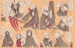  2girls 6+boys akatsuki_uniform closed_mouth deidara_(naruto) forehead_protector haruno_sakura hidan_(naruto) holding holding_scythe holding_weapon husband_and_wife kakuzu_(naruto) mask mouth_mask multiple_boys multiple_girls namikaze_minato naruto_(series) naruto_shippuuden ninja ninja_mask orange_background red_hair red_shirt scythe sharingan shirt short_hair simple_background sleeveless sleeveless_shirt spiked_hair uchiha_itachi uzumaki_kushina uzumaki_naruto weapon yosakuh 