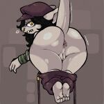 anthro big_butt biped black_hair bottomwear bottomwear_down butt clothed clothing deadlock facial_piercing fangs female gargoyle genitals hair hat headgear headwear hi_res ivy_(deadlock) looking_at_viewer looking_back looking_back_at_viewer moogers nose_piercing nose_ring pants pants_down partially_clothed piercing presenting presenting_hindquarters raised_tail ring_piercing short_stack solo suspenders tail teeth thick_thighs valve vulva yellow_eyes