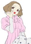  1girl breasts brown_eyes brown_hair candy floral_print food highres holding holding_candy holding_food holding_lollipop kanna_nijiniji lollipop lollipop_in_mouth long_sleeves looking_at_viewer okumura_haru pantyhose persona persona_5 pink_sweater shirt short_hair simple_background solo sweater white_pantyhose white_shirt 