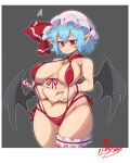  1girl absurdres bat_wings bikini black_background black_wings blue_hair closed_mouth commentary_request cowboy_shot curvy doctor5648 groin hat hat_ribbon highres looking_at_viewer mob_cap pink_hat plump pointy_ears red_bikini red_eyes red_ribbon remilia_scarlet ribbon short_hair side-tie_bikini_bottom signature simple_background solo squiggle sweat swimsuit thigh_strap touhou v-shaped_eyebrows wings 