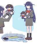  &gt;_&lt; 2girls :d ^^^ black_hair black_pantyhose black_socks blue_background blue_eyes blunt_bangs blush blush_stickers bow bowtie breast_pocket brown_shoes chibi chinese_commentary closed_eyes clothes_on_floor collared_shirt commentary_request faceless facing_another grey_jacket grey_skirt hair_between_eyes hands_up holding_chibi jacket jitome kagura_hikari kneehighs loafers long_hair long_sleeves multiple_girls multiple_views no_sclera open_clothes open_jacket open_mouth outstretched_arms pantyhose pleated_skirt pocket purple_hair red_bow red_bowtie rei931218 school_uniform seishou_music_academy_uniform shaded_face shirt shirt_tucked_in shoes shoujo_kageki_revue_starlight sidelocks skirt smile socks sparkle_hair_ornament standing trembling tsuyuzaki_mahiru two_side_up unworn_clothes very_long_hair white_background white_shirt 