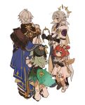  2boys 2girls antenna_hair armor asymmetrical_footwear back black_boots black_gloves black_hairband black_hat black_pants black_shoes blue_cape blue_eyes blue_jacket boots brown_gloves cape child chinese_clothes closed_mouth crown dress earrings envelope flower flower-shaped_pupils flower_ornament full_body gloves gold_earrings gold_ring green_dress green_hair green_ribbon grey_hair hair_between_eyes hair_flower hair_ornament hairband halo halo_behind_head hands_up hat hat_ornament highres holding holding_crown holding_envelope honkai:_star_rail honkai_(series) huohuo_(honkai:_star_rail) iwashi_(iwashi008) jacket jewelry long_hair long_sleeves looking_at_another looking_at_viewer loose_socks mismatched_footwear multicolored_jacket multiple_boys multiple_girls one_side_up pants phainon_(honkai:_star_rail) pointy_ears puffy_long_sleeves puffy_sleeves purple_shirt red_hair ribbon shirt shoes short_hair shoulder_armor sidelocks simple_background smile socks standing sun_symbol sunday_(honkai:_star_rail) symbol-shaped_pupils thigh_strap tribbie_(honkai:_star_rail) two-sided_cape two-sided_fabric two-tone_jacket white_background white_boots white_dress white_flower white_jacket white_shirt white_socks wings yellow_cape yellow_eyes zhuang_hat 