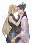  1boy 1girl black_hair black_scarf black_shirt blonde_hair choso_(jujutsu_kaisen) closed_mouth cowboy_shot denim facial_mark highres jeans jujutsu_kaisen long_hair looking_at_another mu_kmijj narrow_waist open_mouth pants robe scarf shirt short_hair sleeveless sleeveless_shirt smile tengen_(jujutsu_kaisen) tsukumo_yuki_(jujutsu_kaisen) very_long_hair white_background white_robe 