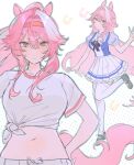  absurdres animal_ears cosplay dress ear_ornament ear_ribbon eyeshadow highres hololive hololive_english horse_ears horse_girl horse_tail kemonomimi_mode linamik makeup multicolored_hair panther_girl pink_eyes pink_eyeshadow pink_hair raora_panthera red_shorts school_uniform shirt shorts simple_background streaked_hair tail tracen_school_uniform tracen_training_uniform umamusume virtual_youtuber 