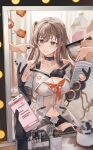  1girl 2others absurdres applying_another&#039;s_makeup applying_makeup black_gloves black_shorts breasts brown_eyes brown_hair cleavage commentary english_commentary girls&#039;_frontline girls&#039;_frontline_2:_exilium gloves highres holding holding_phone k2_(girls&#039;_frontline) makeup makeup_brush multiple_others navel one_side_up partially_fingerless_gloves phone reflection reflection_focus short_shorts shorts solo_focus yoohee_(girls&#039;_frontline_2) zakimpo 