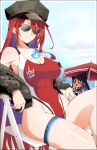  2girls bare_shoulders beach_umbrella black_hair black_hat black_jacket blue_fire blue_hair blush_stickers bound bound_wrists breasts closed_mouth colored_inner_hair commentary competition_swimsuit cuffs day elizabeth_rose_bloodflame elizabeth_rose_bloodflame_(holonatsu_paradise) english_commentary fingernails fire handcuffs hat highleg highleg_one-piece_swimsuit highres hololive hololive_english holonatsu_paradise jacket joeboto large_breasts long_hair long_sleeves mole mole_under_eye multicolored_hair multiple_girls nail_polish nerissa_ravencroft nerissa_ravencroft_(holonatsu_paradise) off_shoulder official_alternate_costume one-piece_swimsuit open_clothes open_jacket outdoors peaked_cap police_hat red_eyes red_hair red_nails red_one-piece_swimsuit sitting solo_focus sunglasses swimsuit thigh_strap thighs two-tone_hair umbrella very_long_hair virtual_youtuber 