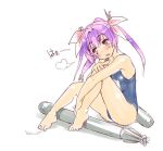  1girl blue_one-piece_swimsuit commentary_request i-19_(kancolle) kantai_collection long_hair name_tag one-piece_swimsuit puff_of_air purple_eyes red_eyes school_swimsuit simple_background solo star-shaped_pupils star_(symbol) swimsuit symbol-shaped_pupils tamu_(mad_works) torpedo tri_tails twintails white_background 