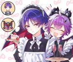  2boys ahoge alcohol alternate_costume apron black_dress blue_eyes blue_hair blunt_ends blush bow bowtie buttons cake cake_slice closed_eyes closed_mouth collared_dress crossdressing crossed_bangs cup dragon dragon_boy dragon_horns dragon_wings dress drinking_glass ear_piercing english_commentary enmaided eyeshadow fangs food frills fruit genshin_impact hair_between_eyes hair_bow hair_ornament highres holding holding_tray horns infinity_symbol juliet_sleeves long_sleeves looking_at_another maid maid_headdress makeup male_focus meoyami mini_durin_(dragon)_(genshin_impact) mini_durin_(genshin_impact) multiple_boys multiple_views notice_lines open_mouth parted_bangs piercing pink_bow puffy_sleeves purple_hair red_eyes red_eyeshadow scaramouche_(genshin_impact) short_hair smile strawberry tray white_apron white_bow white_bowtie wine wings 