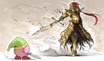  armor commentary dark_souls dragon_slayer_ornstein duel full_armor gauntlets hat helmet highres kan_(aaaaari35) kirby kirby_(series) metal_boots plume pointing_weapon polearm souls_(from_software) spear super_smash_bros. sword weapon 