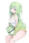  1girl bandaid bandaid_on_leg bare_shoulders breasts chico_(yuzuha_riko) cleavage closed_mouth crop_top dolphin_shorts expressionless from_side green_hair green_jacket grey_shorts hair_ornament highres ika_(4801055) invisible_chair jacket jewelry long_hair looking_at_viewer medium_breasts midriff multicolored_hair necklace off_shoulder one_side_up pom_pom_(clothes) pom_pom_hair_ornament purple_eyes shirt short_shorts shorts simple_background sitting sleeveless sleeveless_shirt solo spaghetti_strap stellive strap_slip streaked_hair thighs virtual_youtuber white_background white_shirt yuzuha_riko 