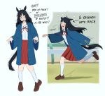 alternate_species animal_ears bags_under_eyes black_hair blue_coat coat exhausted francisco_mon glasses highres horse_ears horse_girl horse_tail jimiko loafers long_hair messy_hair mole mole_under_eye open_mouth original running shirt shoes socks tail umamusume umi_(francisco_mon) white_socks 