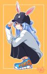  1girl animal_ear_fluff animal_ears baseball_cap black_hat black_pants blue_hair blue_shoes brown_background closed_mouth commentary_request ears_through_headwear full_body hair_between_eyes hand_on_headwear hand_up hat highres hololive kiritoma long_hair long_sleeves looking_at_viewer outline pants ponytail puffy_long_sleeves puffy_sleeves rabbit-shaped_pupils rabbit_ears red_eyes shirt shoes signature simple_background sleeves_past_wrists smile solo squatting symbol-shaped_pupils usada_pekora very_long_hair virtual_youtuber white_outline white_shirt 