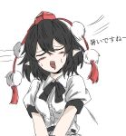  1girl black_bow black_bowtie black_hair blush bow bowtie closed_mouth corrupted_twitter_file hair_between_eyes hat highres hot kametoyou oekaki open_mouth pointy_ears pom_pom_(clothes) puffy_short_sleeves puffy_sleeves shameimaru_aya shirt short_hair short_sleeves simple_background solo sweat tokin_hat tongue tongue_out touhou translated upper_body white_background white_shirt wind 