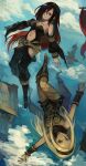  2girls above_clouds absurdres aircraft airship black_hair blonde_hair blue_eyes blue_sky clothing_cutout cloud cloudy_sky crow_(gravity_daze) flying gravity_daze highres kitten_(gravity_daze) kornod long_hair multiple_girls navel_cutout red_eyes sky 