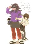  1girl 1other 2boys :| alternate_costume animal_ears black_pants black_skirt black_suit blush_stickers brown_hair closed_mouth deltarune full_body furry furry_female furry_male glasses goat_boy goat_ears goat_horns grin hand_in_pocket hand_on_another&#039;s_head highres holding holding_brush horns jacket korean_text kris_(deltarune) lancer_(deltarune) long_hair multiple_boys open_mouth pants pointing purple_jacket ralsei red_pants round_eyewear sandals shaded_face short_hair simple_background skirt smile speech_bubble standing suit susie_(deltarune) translation_request u0u_zzz white_background 