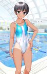  1girl absurdres ben-day_dots black_hair blue_eyes breasts clothes_writing competition_swimsuit covered_navel dark-skinned_female dark_skin feet_out_of_frame glass_ceiling hand_on_own_hip highleg highleg_one-piece_swimsuit highres indoors lane_line multicolored_swimsuit one-piece_swimsuit one-piece_tan original pool screentones short_hair small_breasts solo string_of_flags swimsuit takafumi tan tanlines variant_set white_one-piece_swimsuit 