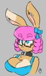  anthro biped blue_eyes breasts brown_ears bust_portrait chest_tuft cleavage clothed clothing collar drill_hair duckdraw ear_piercing eyebrows eyelashes eyewear female fur glasses grey_background hair hair_bow hair_ribbon lagomorph long_ears mammal multicolored_fur piercing pink_hair pink_nose portrait rabbit ribbons shirt short_hair simple_background solo splotches_(marking) tan_ears tan_fur tank_top teeth tuft two_tone_ears two_tone_fur 