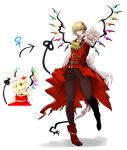  1boy arrow_(symbol) ascot asymmetrical_footwear back_bow belt black_boots blonde_hair boots bow brown_belt brown_pants chain coat collared_shirt commentary_request crystal_wings flandre_scarlet full_body genderswap genderswap_(ftm) gold_chain hair_between_eyes hair_ribbon hand_up high_heel_boots high_heels highres holding holding_polearm holding_weapon laevatein_(touhou) lapels long_sleeves looking_at_viewer male_focus mismatched_footwear multicolored_wings nap_muntarou one_side_up pants polearm puffy_long_sleeves puffy_sleeves red_boots red_coat red_eyes red_ribbon ribbon shadow shirt short_hair simple_background sleeveless sleeveless_coat smile solo spear standing standing_on_one_leg teeth torn_clothes touhou weapon white_background white_bow white_shirt wings yellow_ascot zun_(artist) 