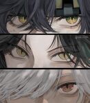  3boys api_(ppi_52) black_hair commentary_request cyno_(genshin_impact) dark-skinned_male dark_skin eye_focus eyelashes genshin_impact hair_between_eyes hair_over_one_eye headband highres kinich_(genshin_impact) looking_at_viewer looking_to_the_side male_focus multicolored_eyes multiple_boys parted_bangs sanpaku sideways_glance slit_pupils twitter_username white_hair xiao_(genshin_impact) yellow_eyes 