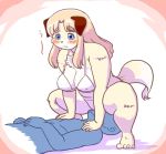  anthro blonde_hair blue_eyes blush bottomless bra breasts canine chest_tuft clothed clothing crouching cunnilingus dog duo facesitting female female_on_top fur hair human kemono kin-shun leaning leaning_forward male male/female mammal nipple_bulge on_top oral sex simple_background slightly_chubby tuft underwear vaginal yellow_fur 