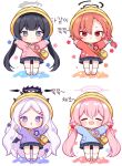  4girls :&lt; :d bag black_hair black_halo blue_archive blue_shirt blue_skirt blush_stickers chibi chibi_only closed_eyes closed_mouth collared_shirt commentary_request contrast_collar grey_eyes grey_halo hair_bobbles hair_ornament halo hands_up hat hina_(blue_archive) hoshino_(blue_archive) kindergarten_uniform kisaki_(blue_archive) kisaki_(kindergarten_uniform)_(blue_archive) korean_commentary korean_text long_hair low_twintails multiple_girls name_tag neru_(blue_archive) open_mouth pink_hair pink_halo pink_shirt pleated_skirt purple_eyes purple_hair purple_halo purple_shirt red_eyes red_hair red_shirt school_hat shirt shoes short_hair shoulder_bag simple_background skirt smile socks subin_(subin_2011) translation_request twintails white_background white_shoes white_socks yellow_hat 