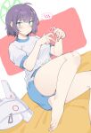  1girl absurdres ahoge barefoot blue_archive blue_buruma blue_eyes blush breasts buruma closed_mouth commentary feet four-finger_heart_hands full_body green_halo gym_uniform halo heart heart_hands helmet highres kokuya_(kokuya28) looking_at_viewer lying medium_breasts on_side purple_hair saki_(blue_archive) short_hair sitting solo spoken_blush symbol-only_commentary unworn_headwear unworn_helmet v-shaped_eyebrows 