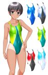  1girl absurdres ben-day_dots black_hair black_one-piece_swimsuit blue_eyes blue_one-piece_swimsuit breasts clothes_writing color_variation competition_swimsuit covered_navel dark-skinned_female dark_skin feet_out_of_frame green_one-piece_swimsuit hand_on_own_hip highleg highleg_one-piece_swimsuit highres multicolored_swimsuit one-piece_swimsuit one-piece_tan original screentones short_hair simple_background small_breasts solo swimsuit takafumi tan tanlines variant_set white_background white_one-piece_swimsuit 